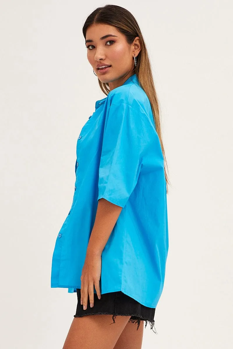 Blue Relaxed Fit Shirt Short Sleeve Collared Longline UltraSoft Texture