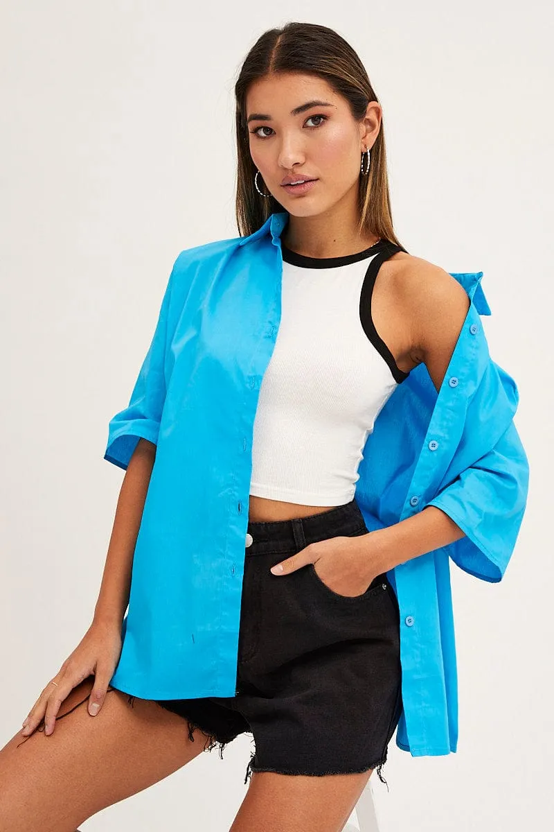 LowProfile Eco-Friendly Material Blue Relaxed Fit Shirt Short Sleeve Collared Longline