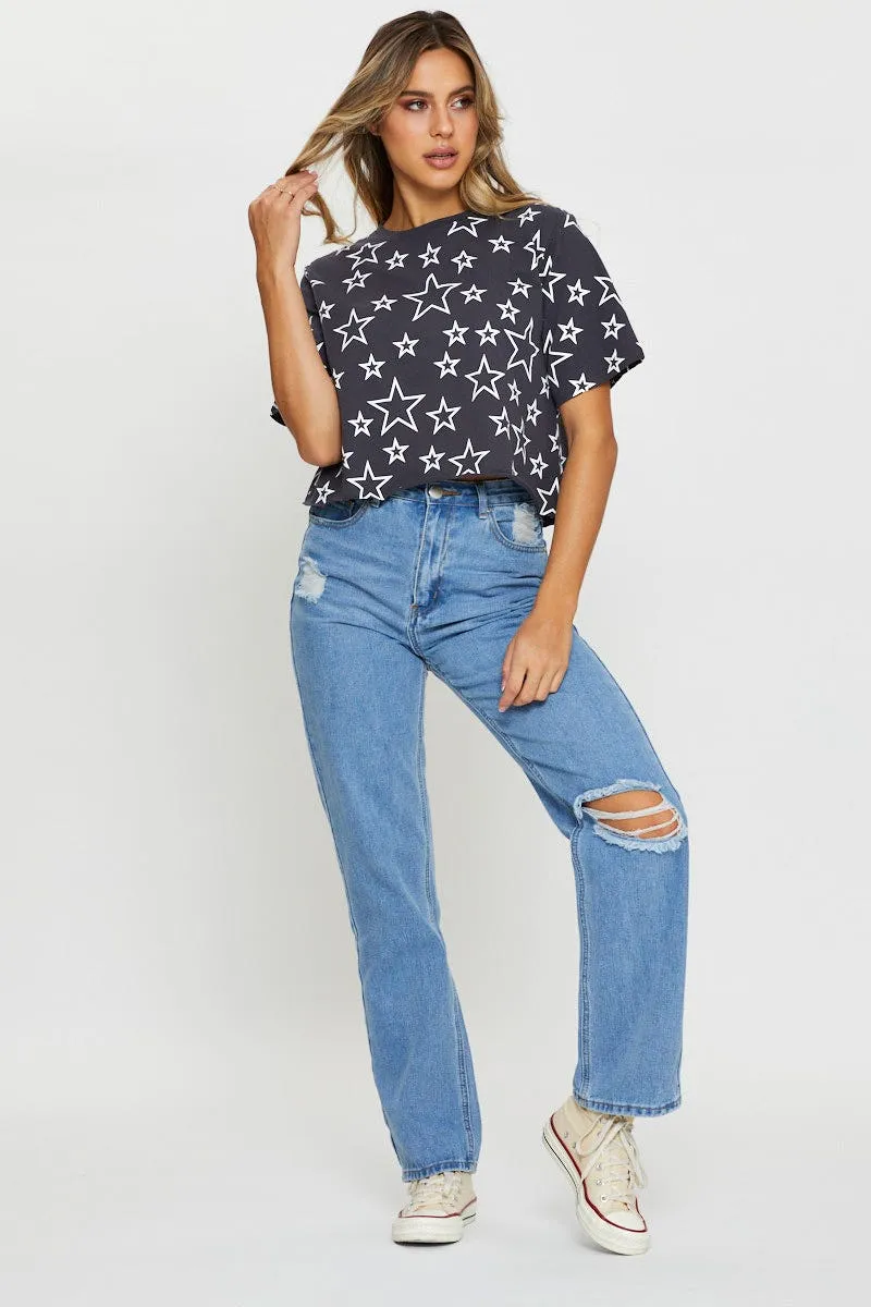 Print Short Sleeve Jersey All Over Star Print T Shirt Elegant Dress HeatReflective Lining