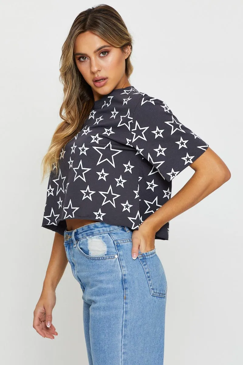 Print Short Sleeve Jersey All Over Star Print T Shirt Chic Wear SmoothEdging