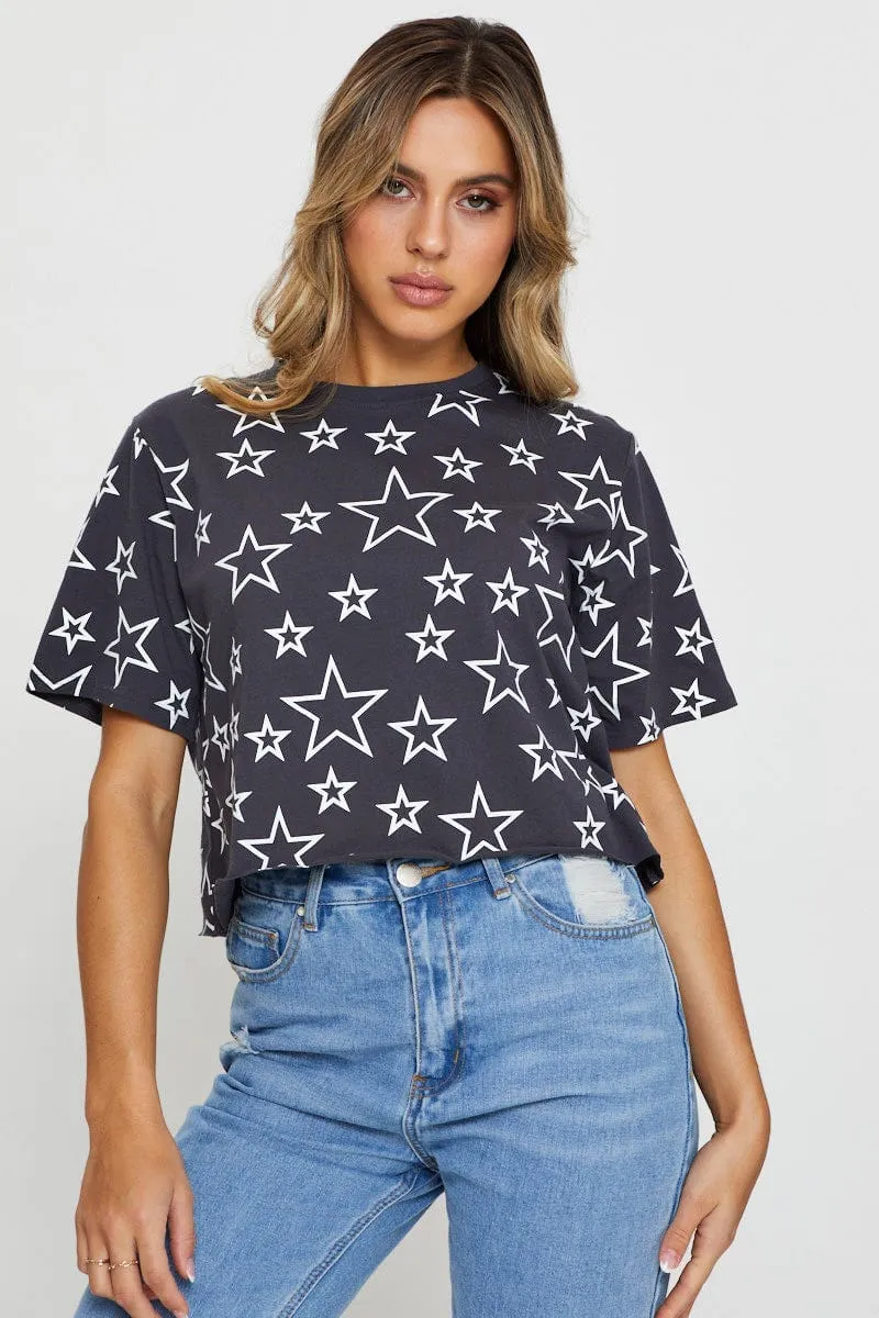 WrinkleFreeFabric Print Short Sleeve Jersey All Over Star Print T Shirt