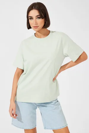 Green Oversized T Shirt Short Sleeve Crew Neck Stylish Dress HighCollar Style