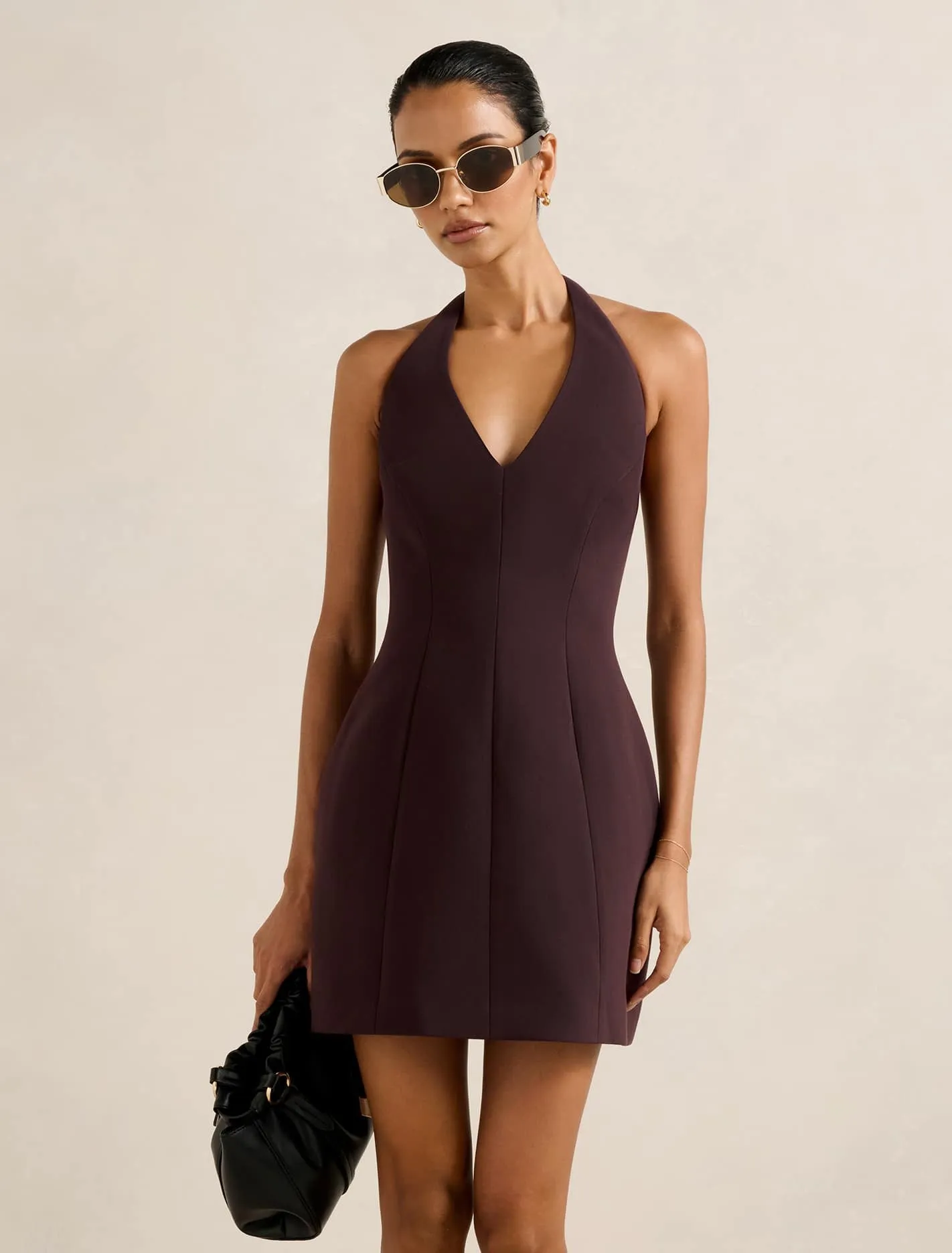 Riley Petite Structured Halter Mini Dress Fashionable date night outfit Walk Light