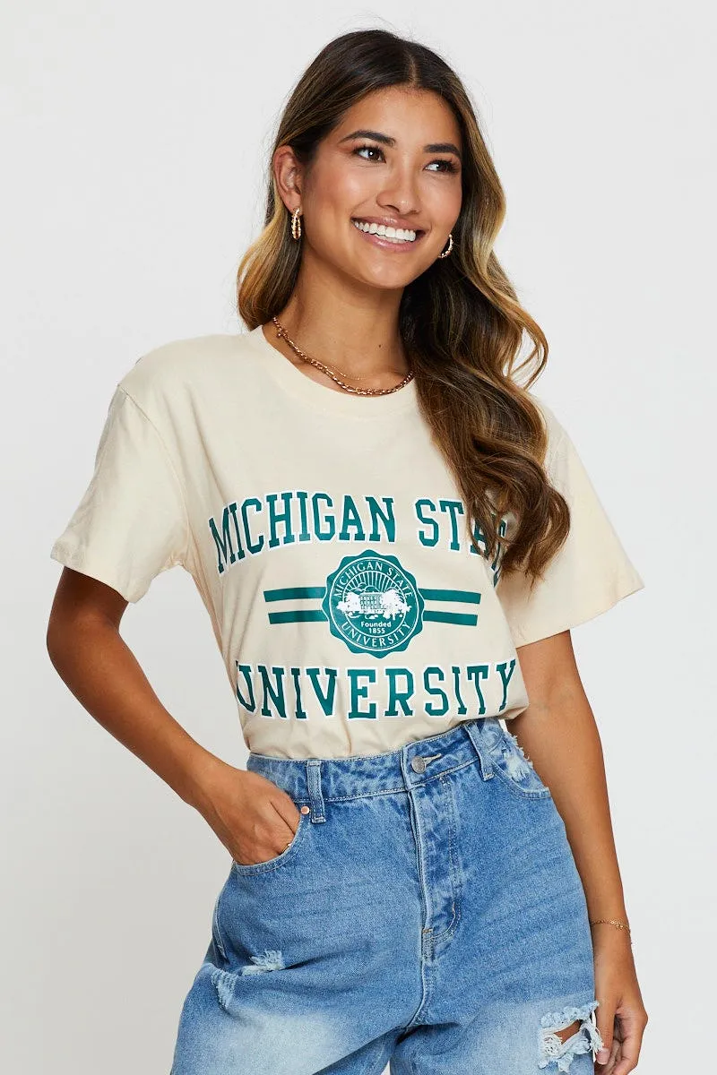 Perfectly Fit MinimalistStitching Beige Graphic T-Shirt Short Sleeve