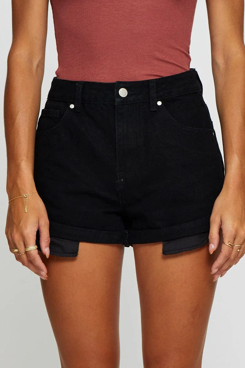 Black Relaxed Denim Shorts High Rise Stain Release Finish Moisture Controlled Lining