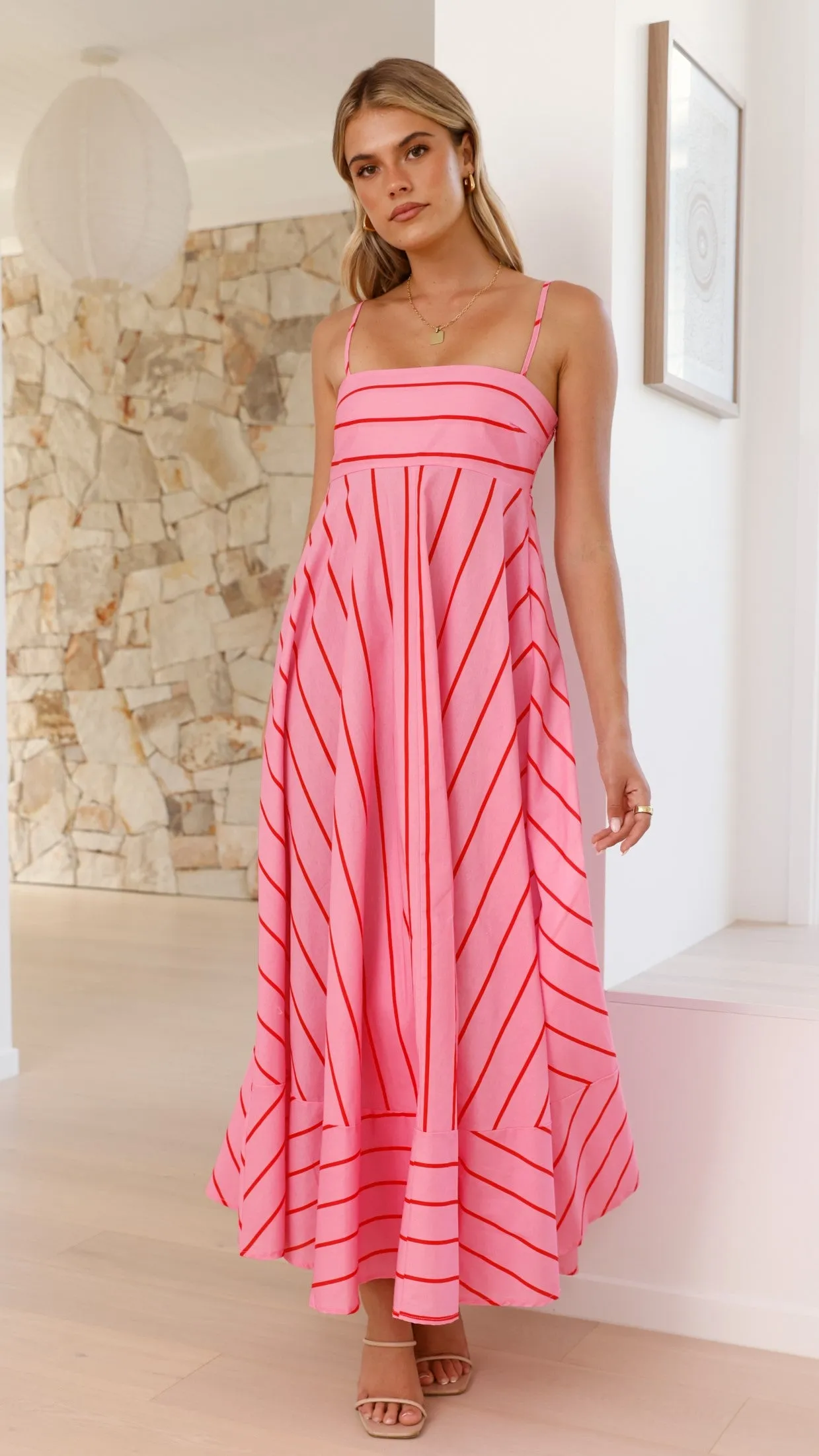 Kaethe Maxi Dress - Pink / Red Stripe Flowing chiffon dress Drift Sand