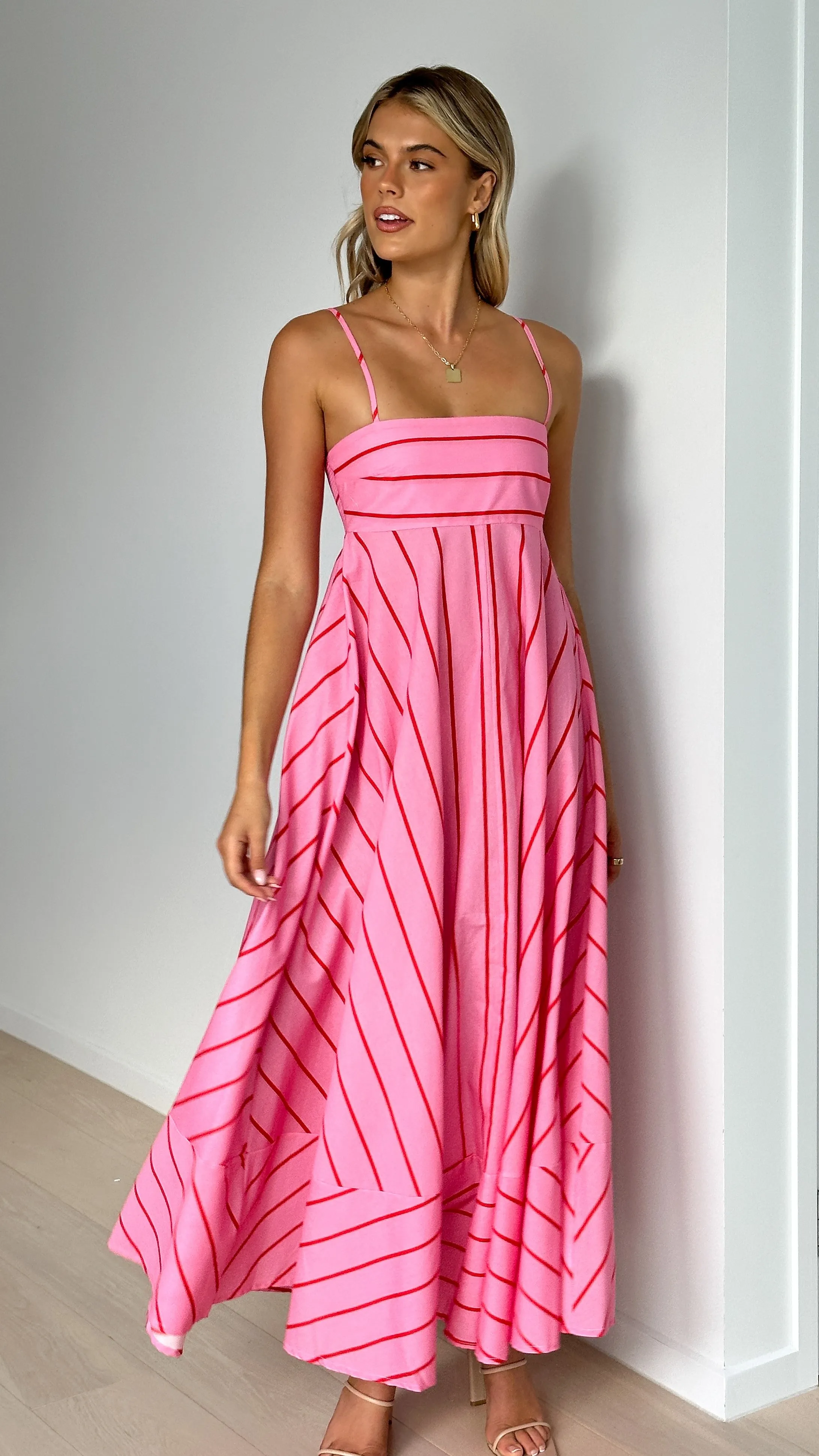 Kaethe Maxi Dress - Pink / Red Stripe Stone Lane This dress is designed to highlight your natural figure while providing ultimate comfort