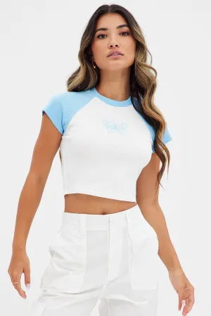 Blue Crop Top Short Sleeve Raglan Butterfly Diamantes Non Restrictive Fit