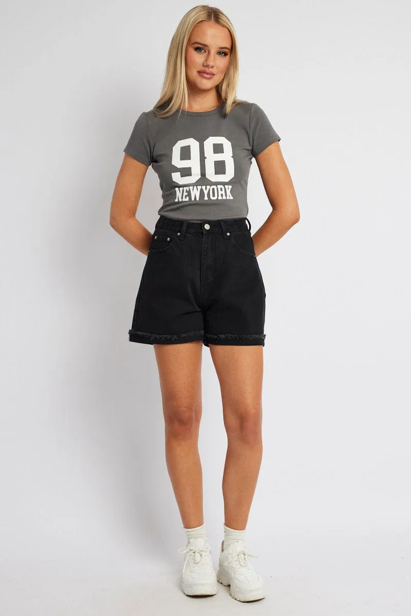 Seasonal Must-Have Soft and Light Wear Grey Graphic Tee Short Sleeve