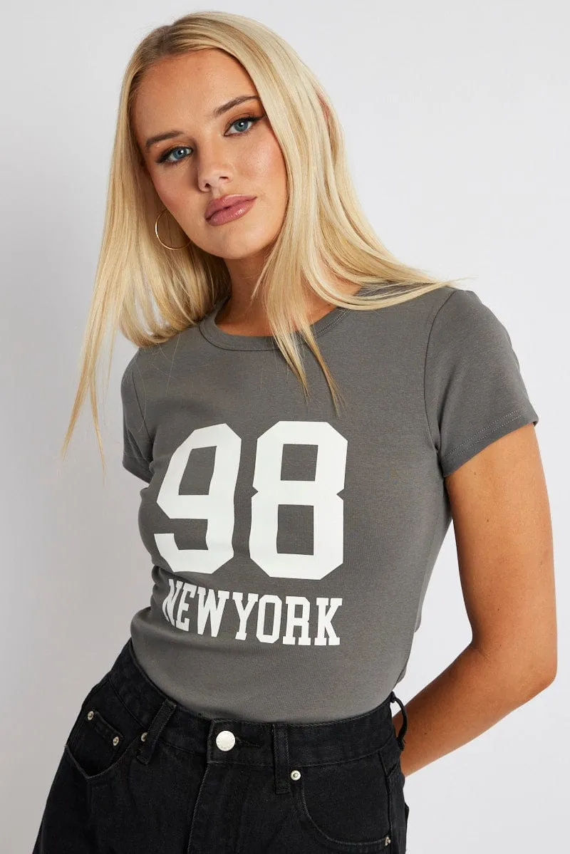 Grey Graphic Tee Short Sleeve Taped Neckline