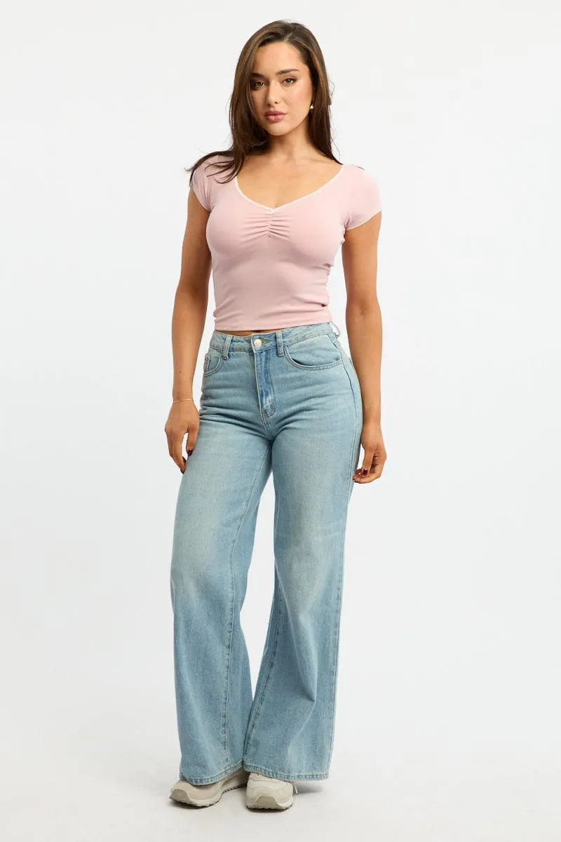 Free Shape Pink T-shirt Short Sleeve V-neck Lace Trim