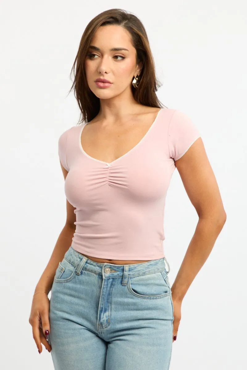 Pink T-shirt Short Sleeve V-neck Lace Trim Quick Wear