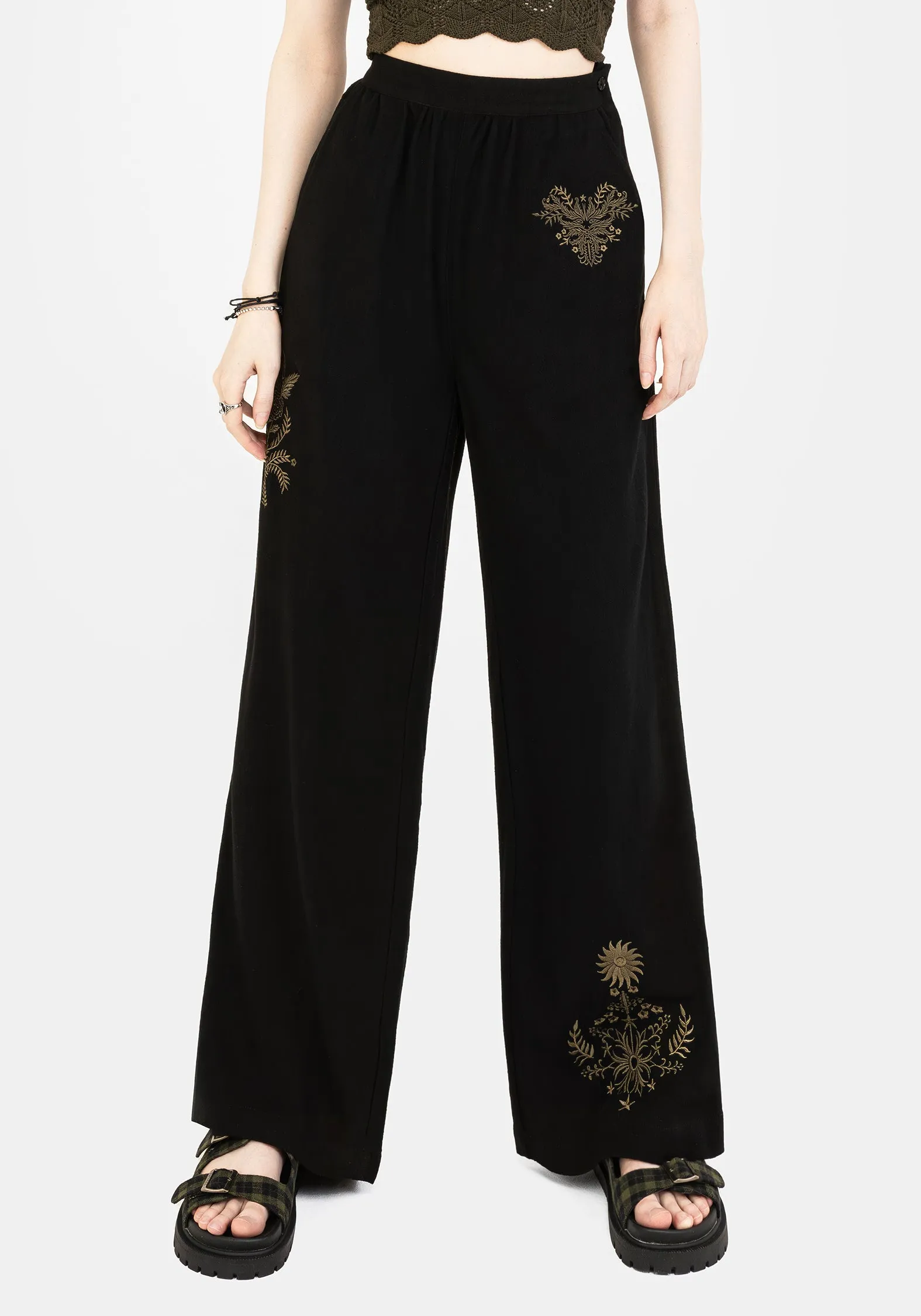 Functional fashion wear Foliate Linen-Blend Embroidered Wide Leg Trousers - Black