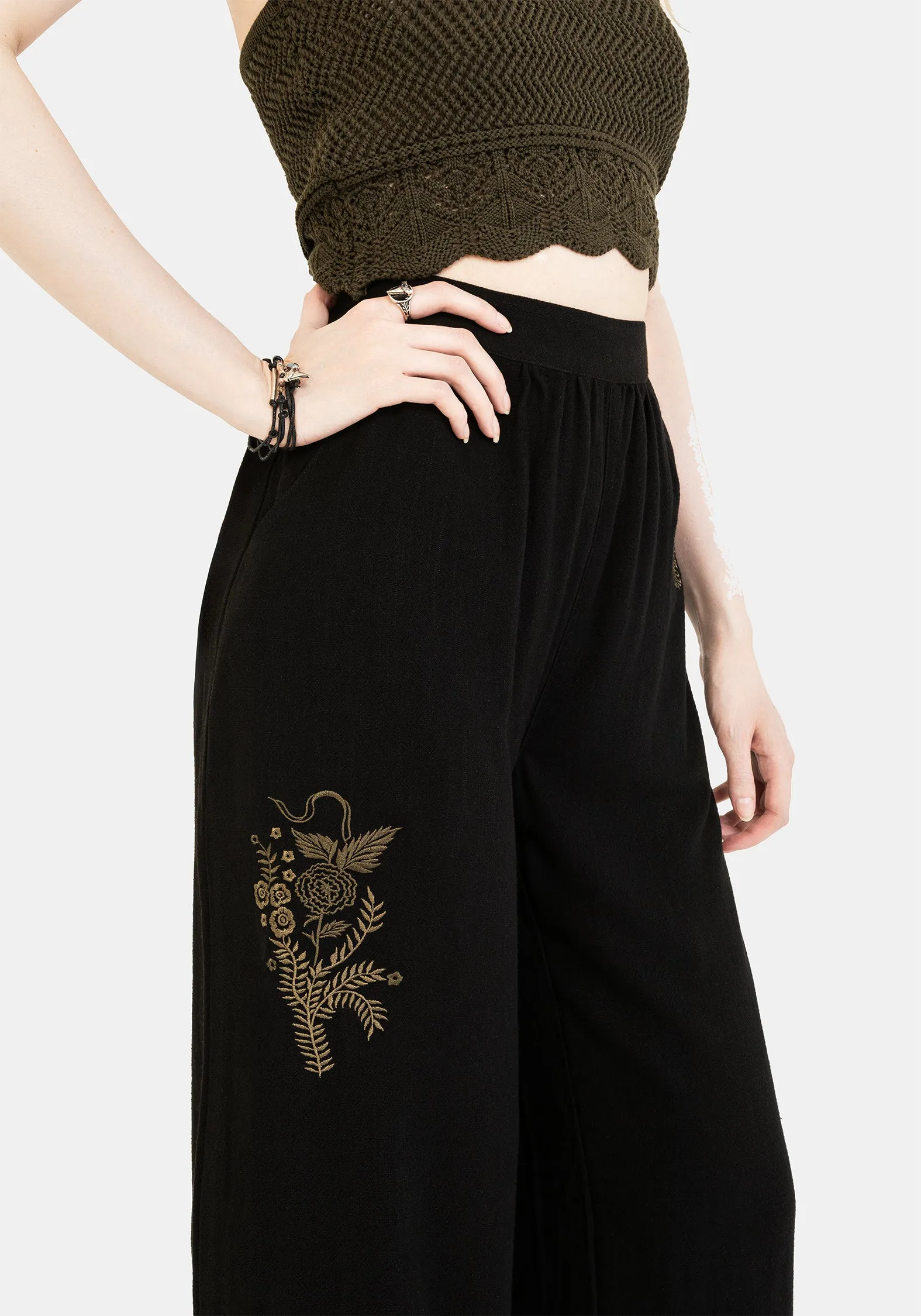 Foliate Linen-Blend Embroidered Wide Leg Trousers - Black Durable Waistband