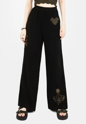 Functional fashion wear Foliate Linen-Blend Embroidered Wide Leg Trousers - Black