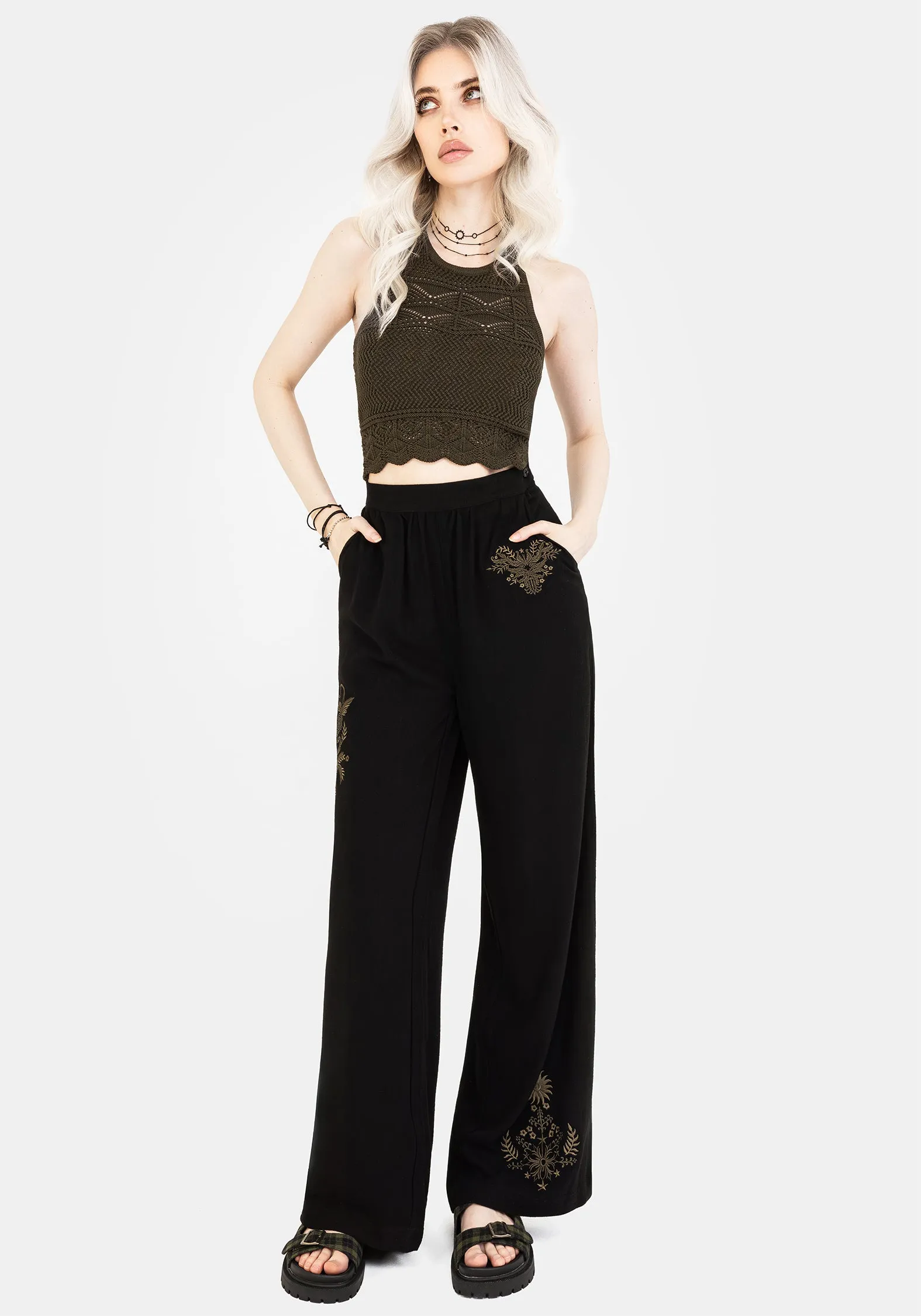 Foliate Linen-Blend Embroidered Wide Leg Trousers - Black Casual Comfort Look
