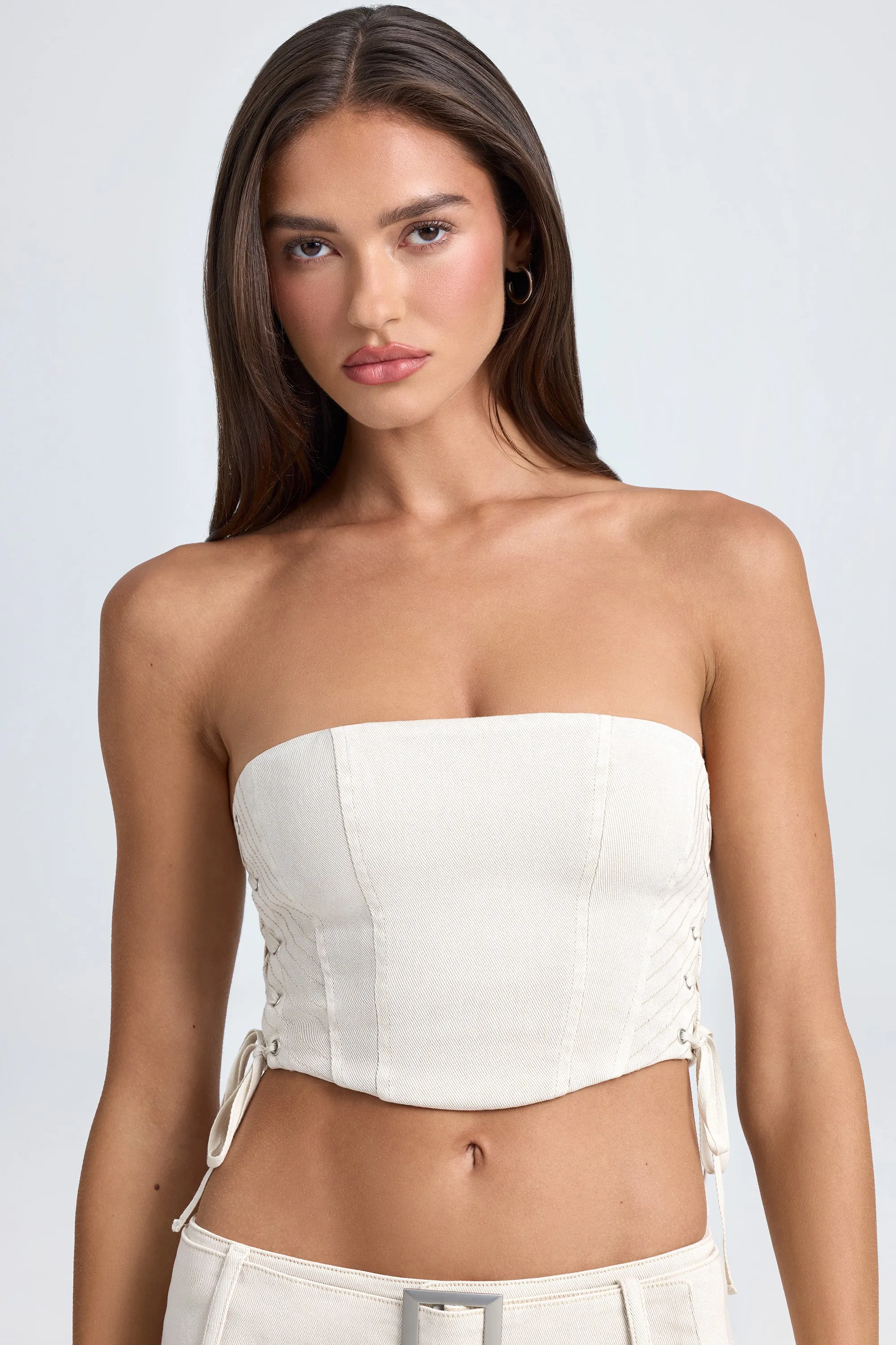 Light Sweatshirt Bandeau Lace-Up Corset Crop Top in Ecru