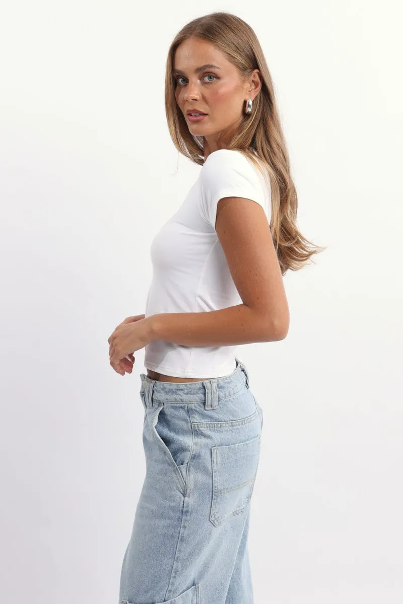 White T-Shirt Short Sleeve Crew Neck Long Line Elegant Top