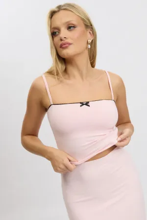 Cozy Pajama Set BreathableFabric Pink Singlet Sleeveless Bow Detail