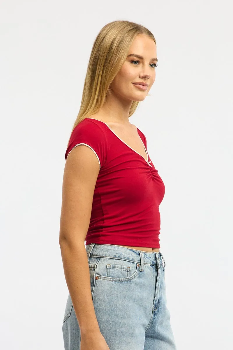 Natural Fiber Blend Lean Glow Red T-shirt Short Sleeve V-neck Lace Trim