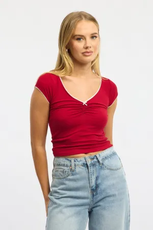 Red T-shirt Short Sleeve V-neck Lace Trim Office Glam