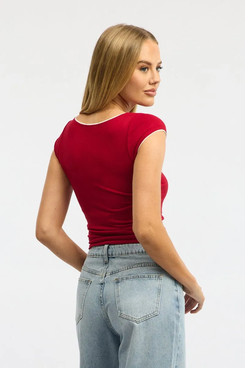 Handmade Glow Balance Core Red T-shirt Short Sleeve V-neck Lace Trim