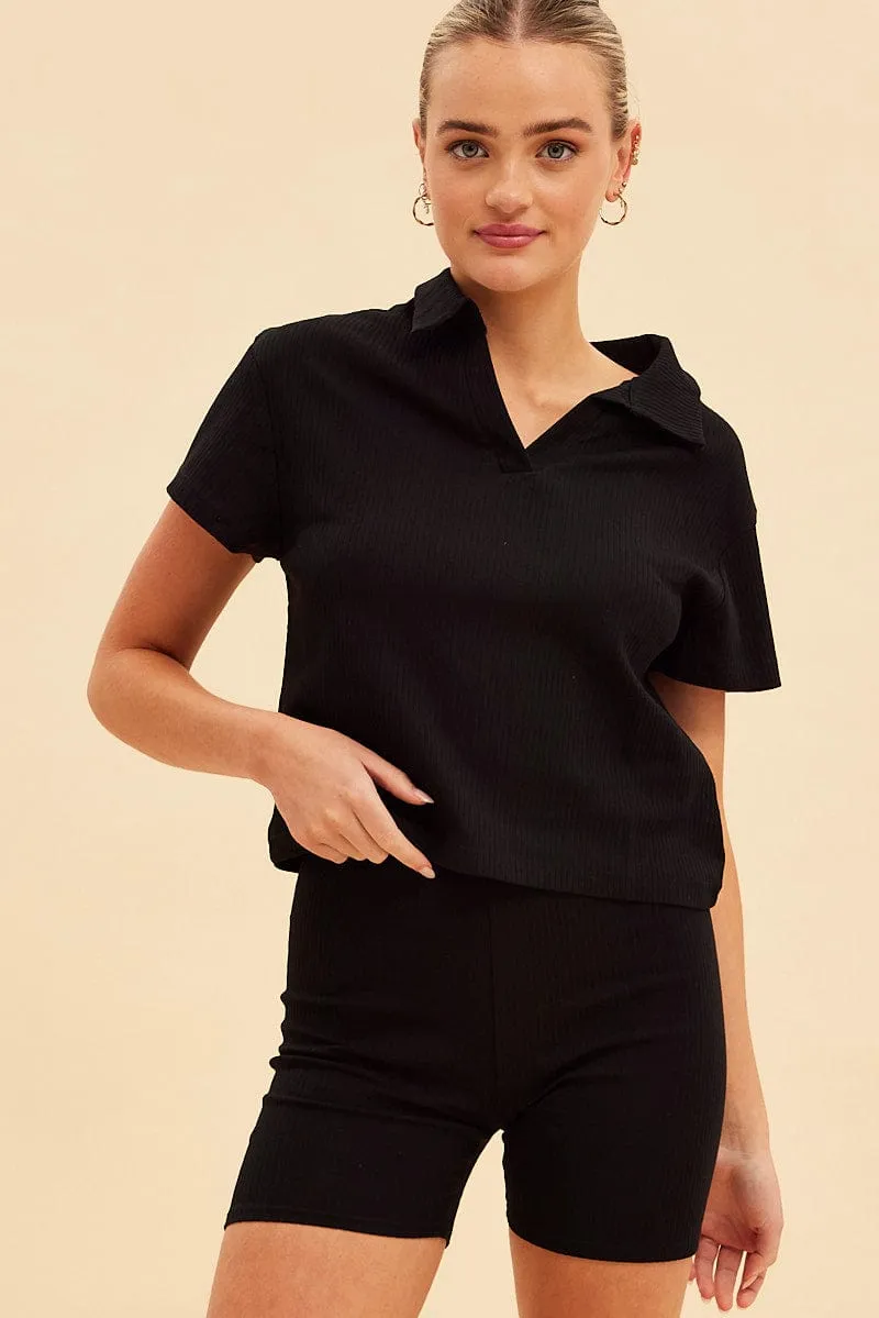 Black Prea Rib Polo Short Sleeve Tee StretchWaistband Classic Glow
