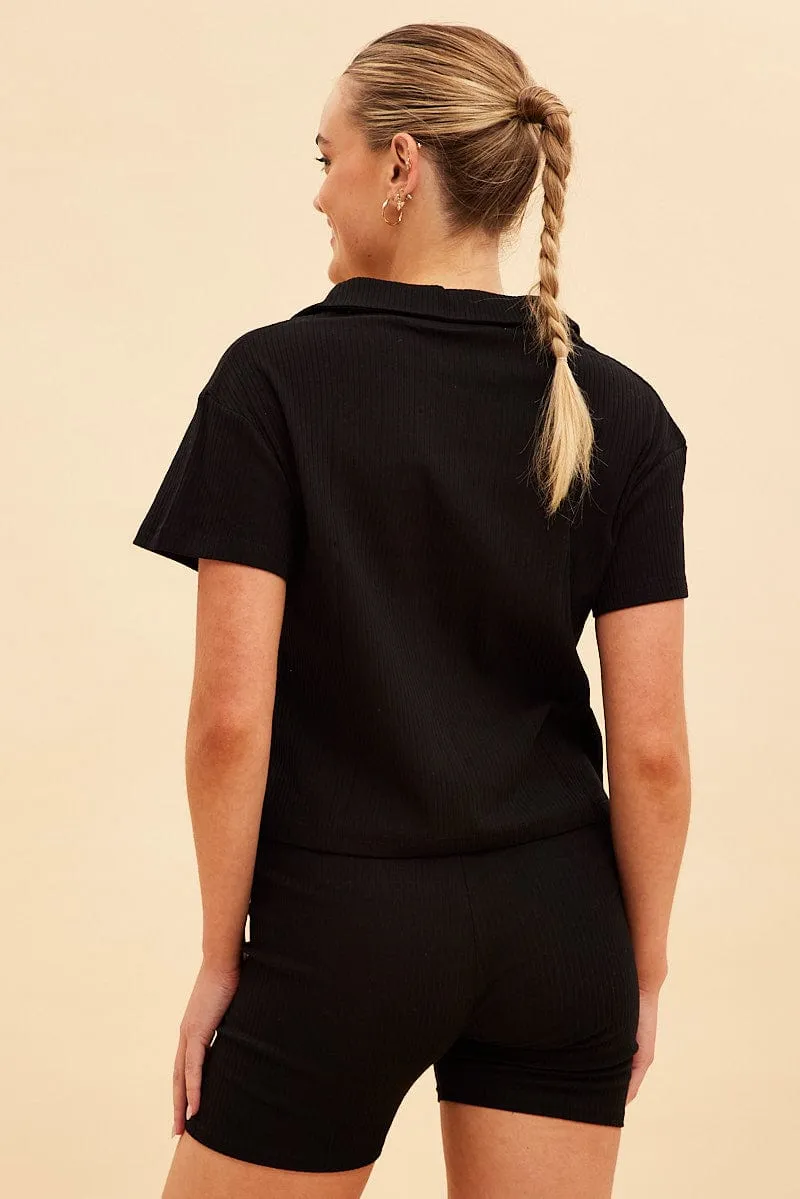 Black Prea Rib Polo Short Sleeve Tee casual top Frost Glow