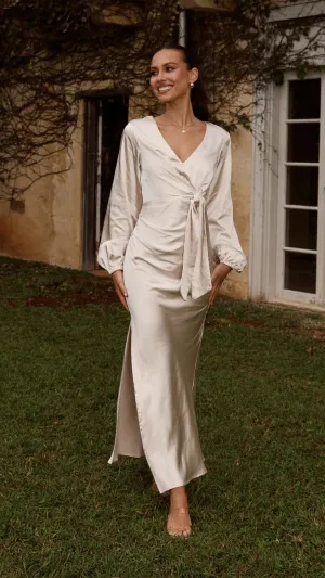 Ivy Long Sleeve Tie Front Maxi Dress - Champagne Mist Path Ideal for both warm and cool weather this dress is a year-round wardrobe staple