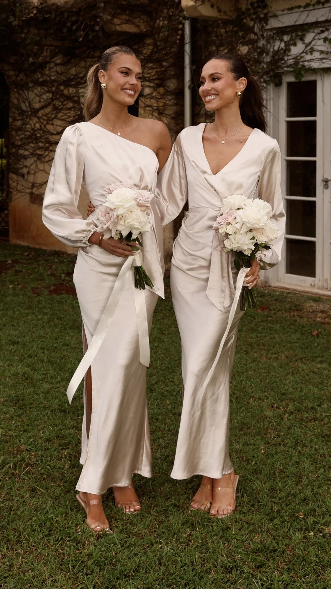 Cliff View Clay Glow Ivy Long Sleeve Tie Front Maxi Dress - Champagne