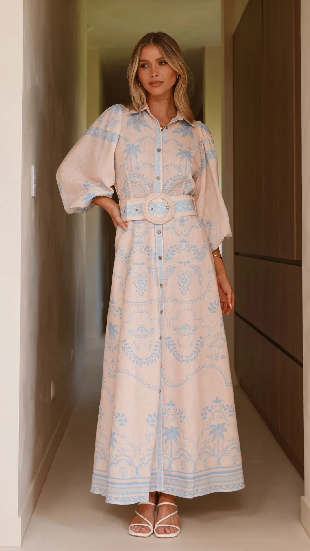 Xander Long Sleeve Maxi Dress - Blue Front Button