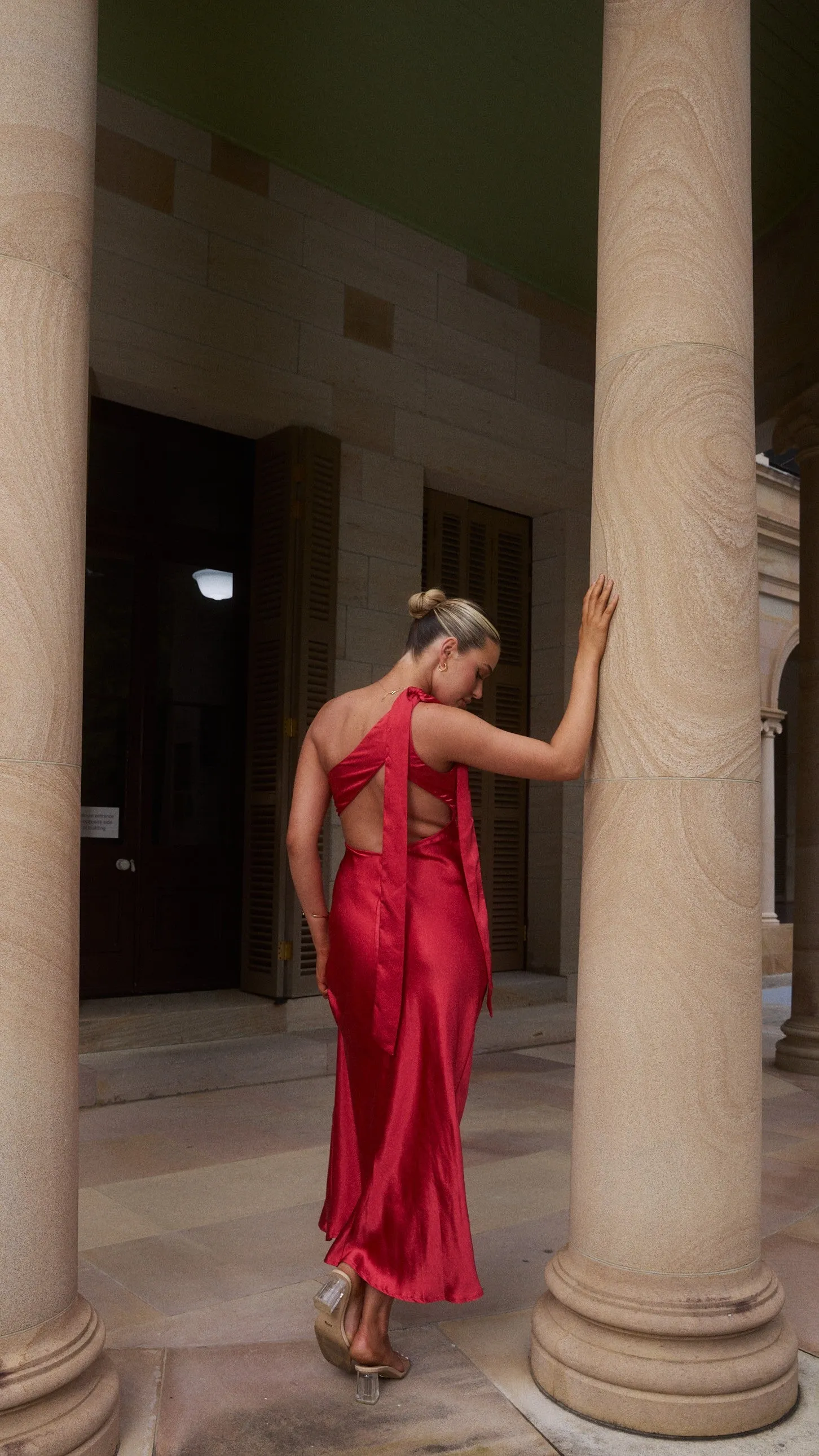 Goddess Glow Vibrant boho dress Halle One Shoulder Maxi Dress - Red