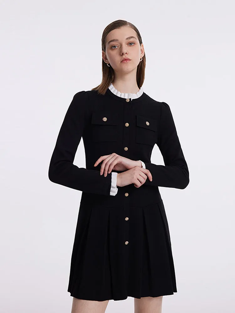 Ruffle Collared Single-Breasted Pleated Women Mini Dress Trendy Silhouette Fresh Edge