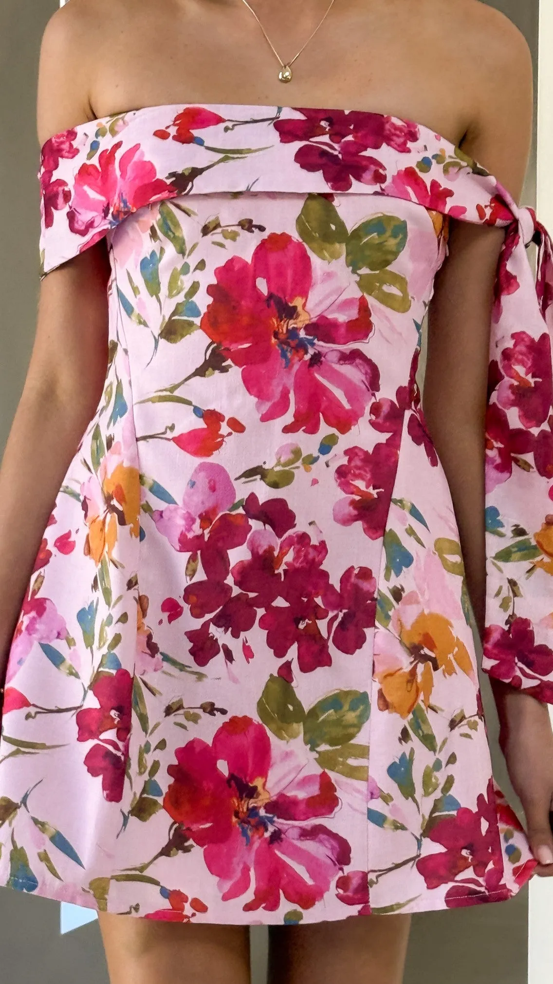 Halen Off Shoulder Mini Dress - Pink Floral Cross Back Support Design