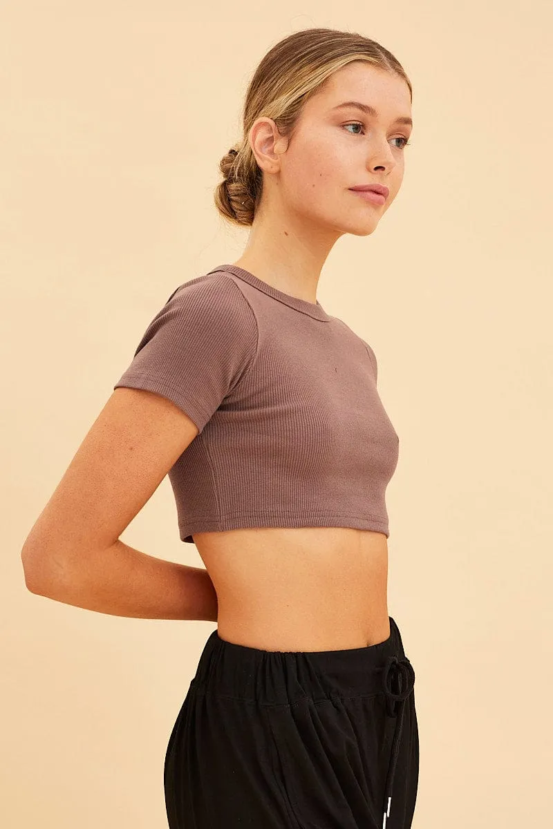 Brown Baby Tee Crop Crew Neck Short Sleeve Rib TensionAdjustedWaistband Light Fabric