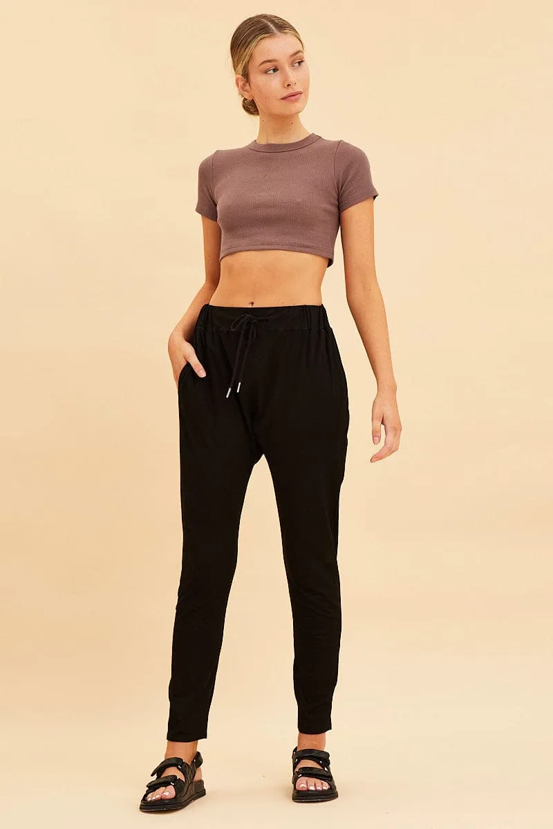 Brown Baby Tee Crop Crew Neck Short Sleeve Rib Country Core WindResistantWeave