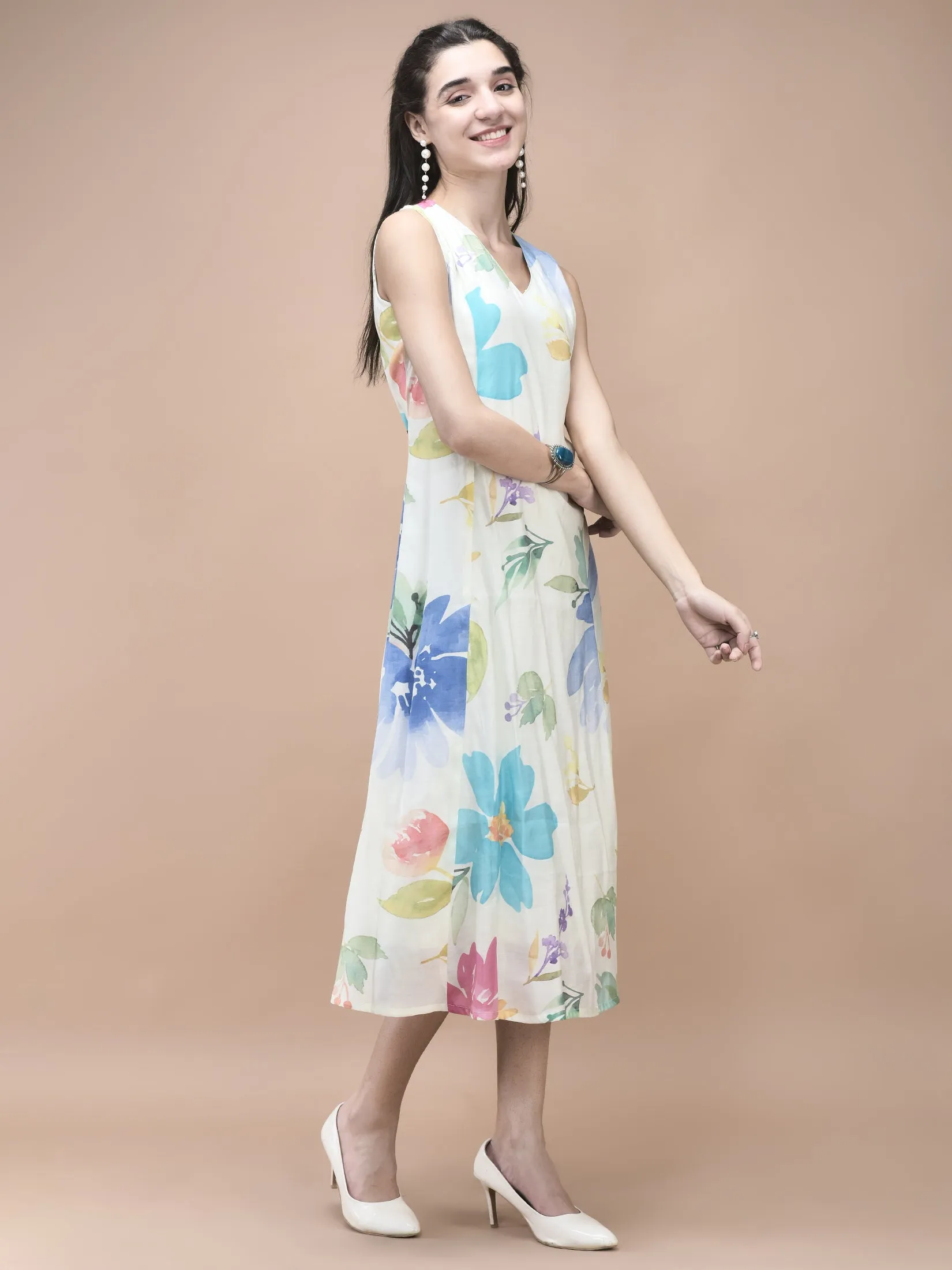 Women Chanderi Off White Floral Print Dress Weather resistant FrictionResistantFabric
