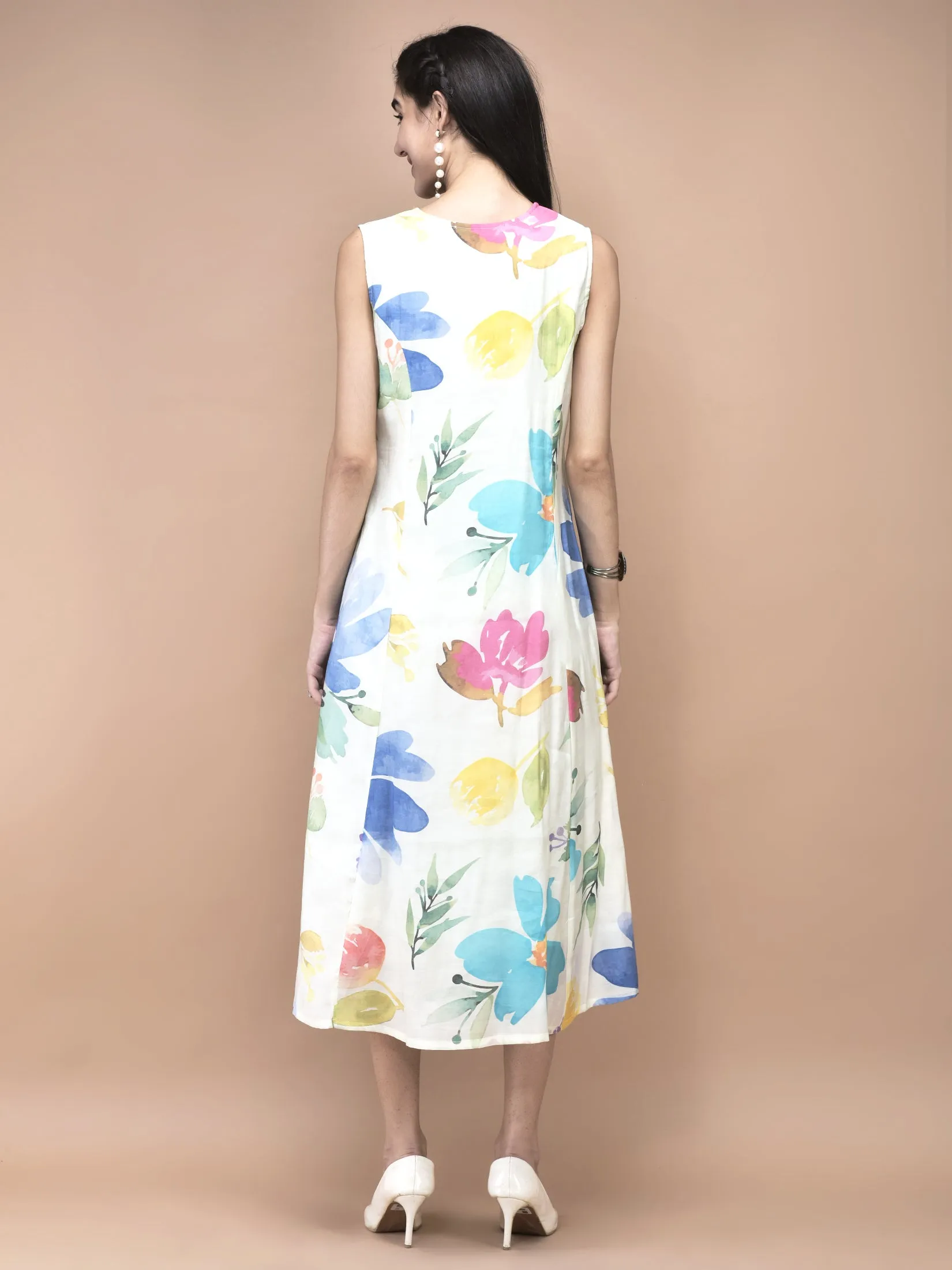 WindResistantWeave Women Chanderi Off White Floral Print Dress
