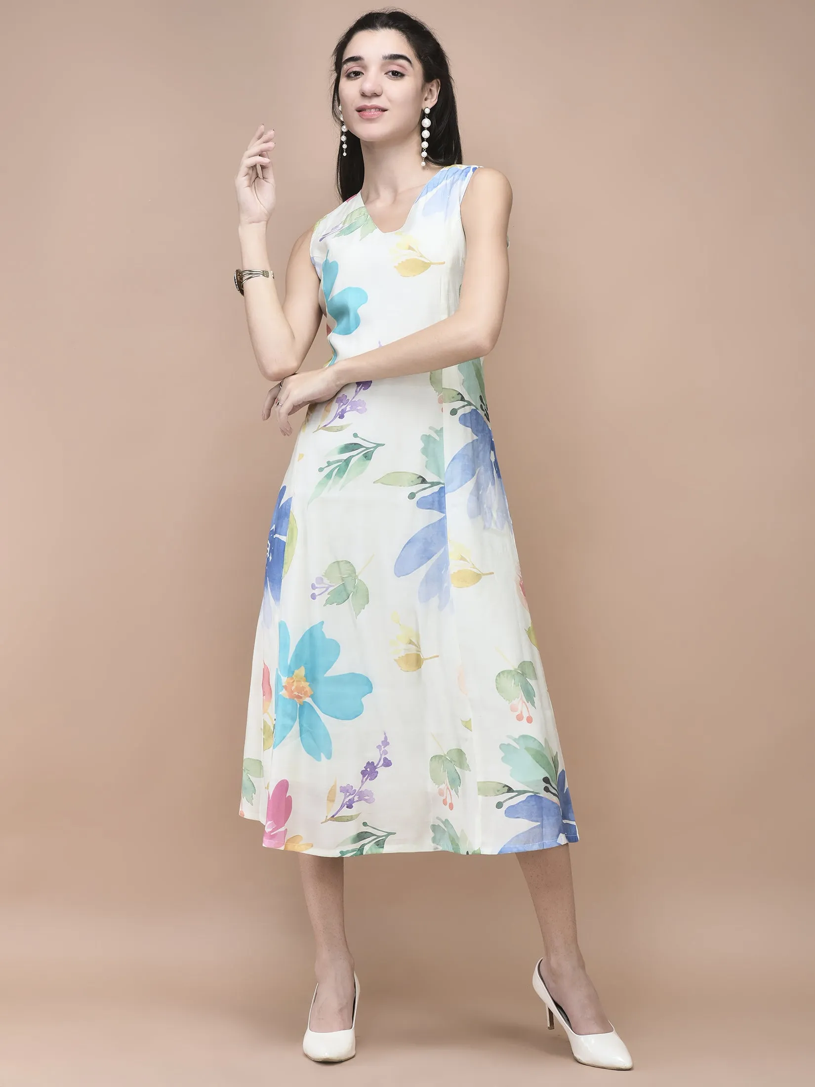 Women Chanderi Off White Floral Print Dress Stone Glow Outdoor Activity