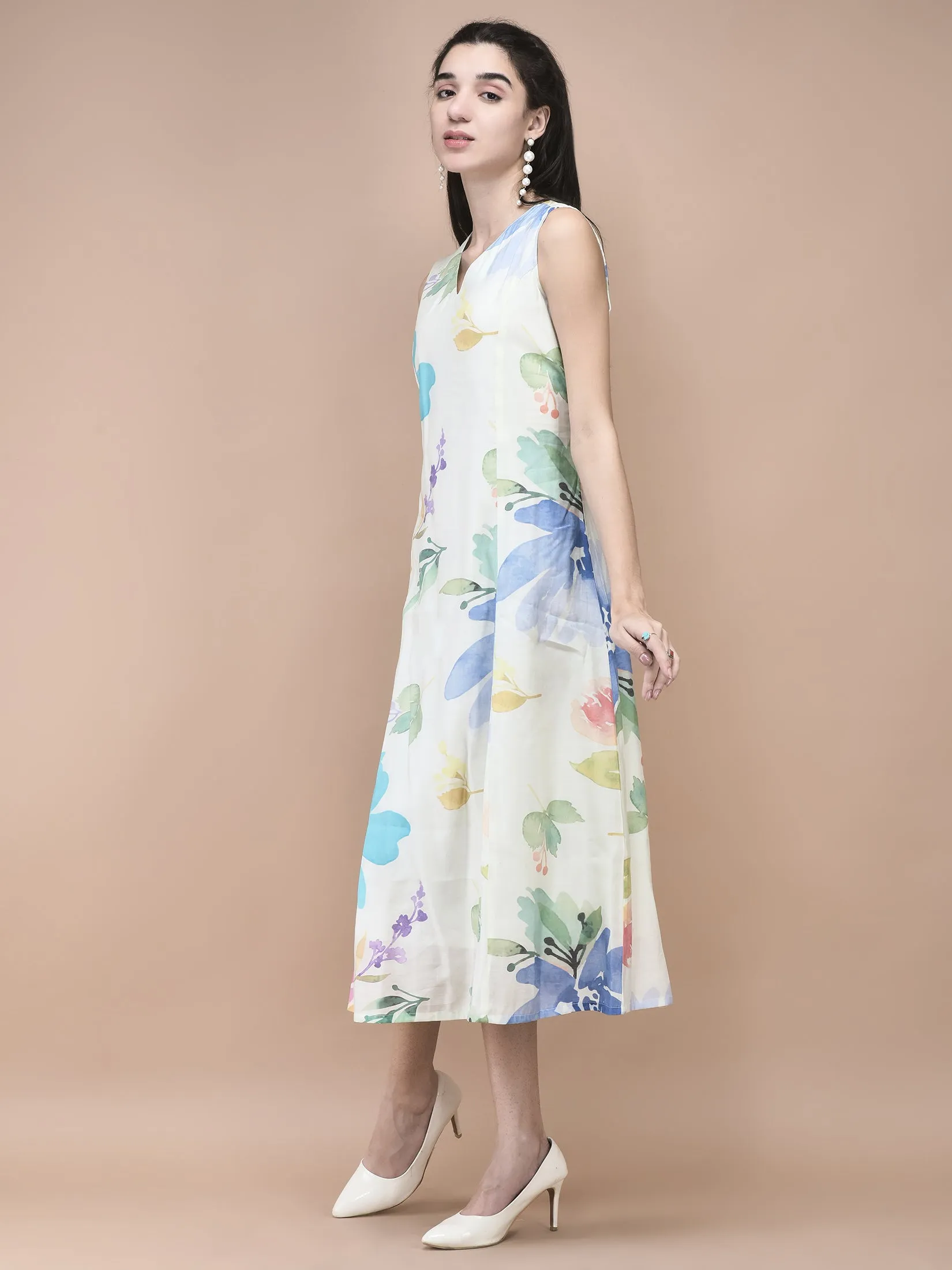 Cool Glow Women Chanderi Off White Floral Print Dress