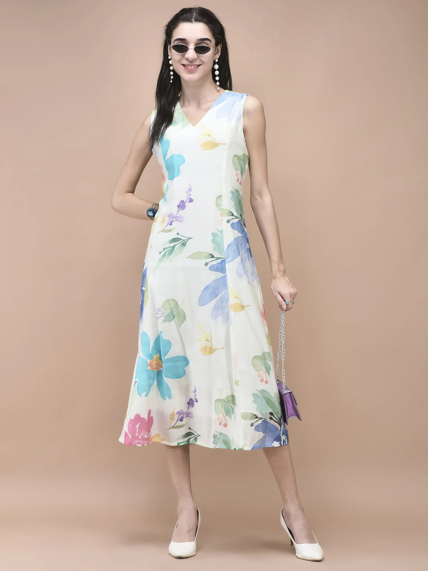 Women Chanderi Off White Floral Print Dress Trendy Jacket Outdoor Shirt