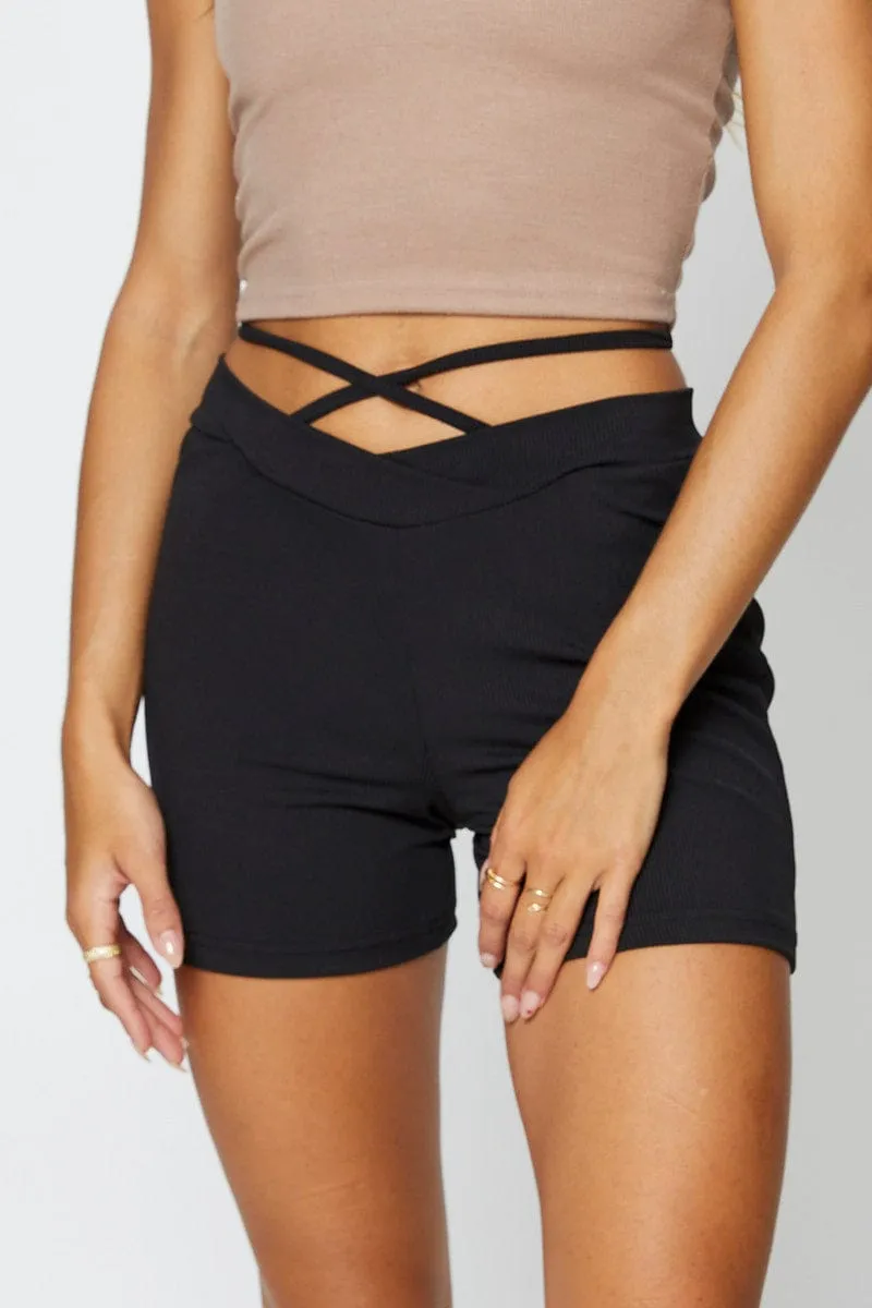 Artisanal Sporty Vibes Black Biker Shorts High Rise Waist Tie