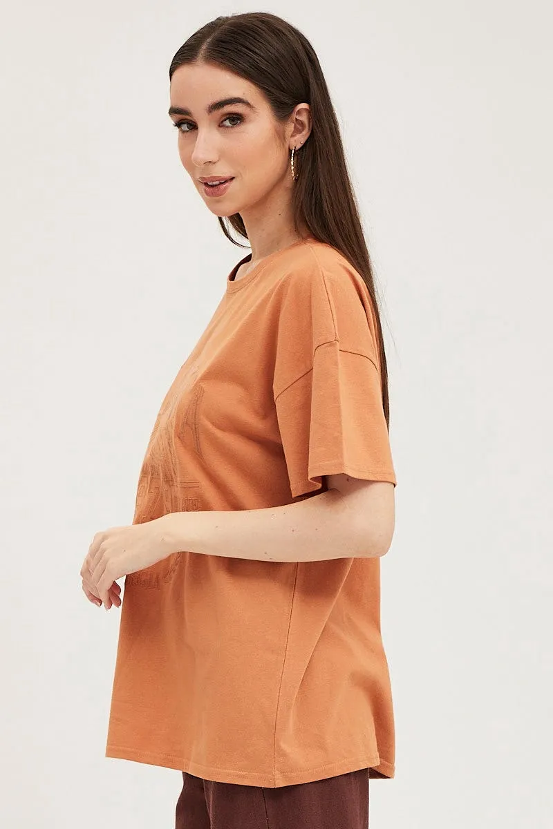 Breathable Style Quick Wear Orange Graphic T-Shirt Embroided