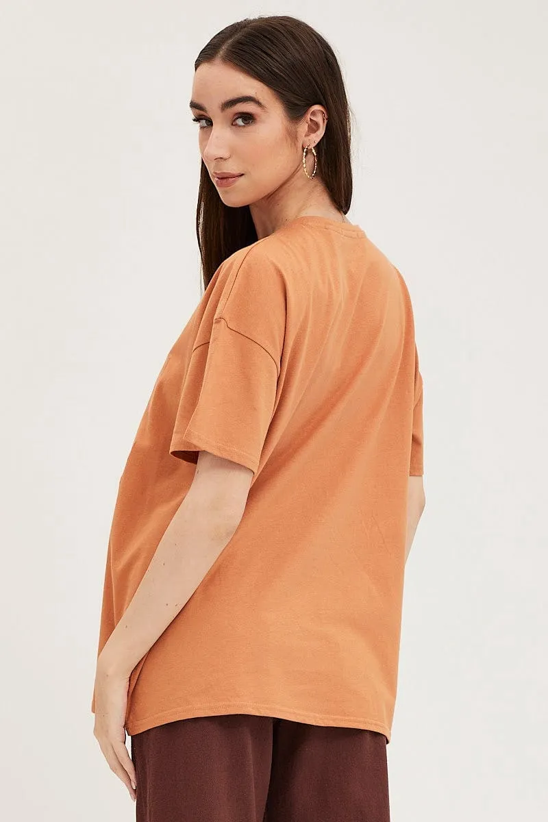 Beaded details Summer Style Orange Graphic T-Shirt Embroided