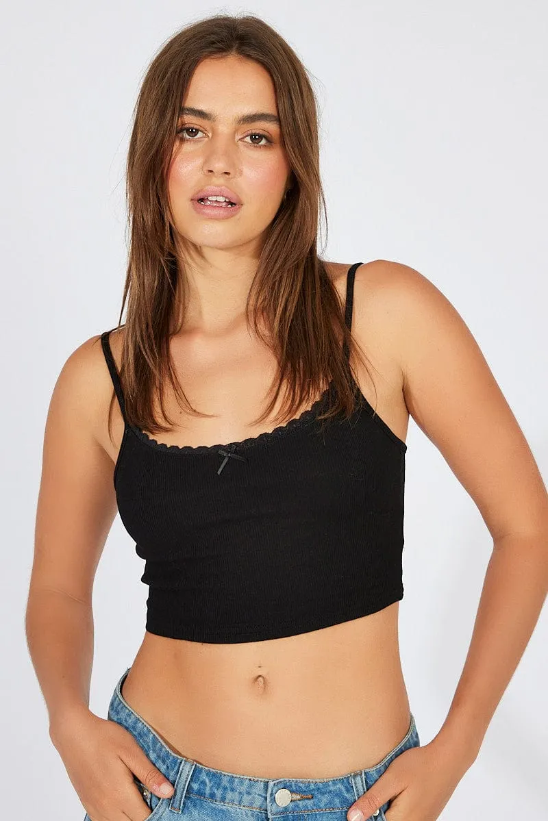 StainRepellentSurface Black Singlet Top Lace Trim Cropped