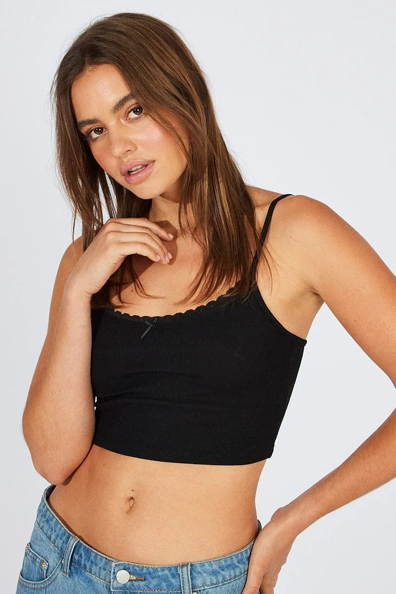 Black Singlet Top Lace Trim Cropped Everyday Outfit Aura Core