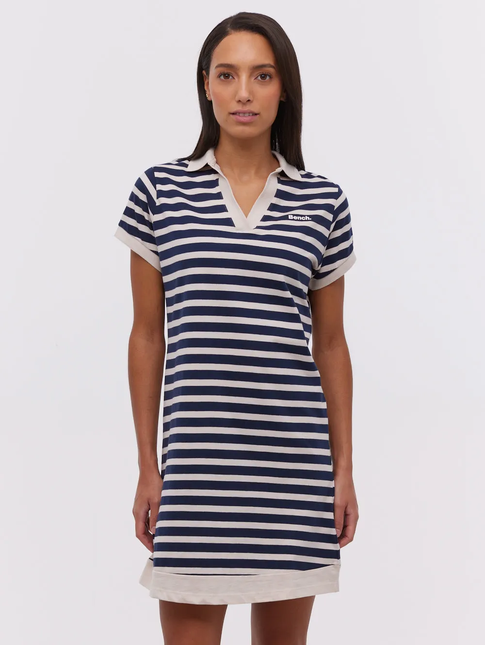 Orenda Stripe Polo Dress Layered Paneling UltraSoft Texture