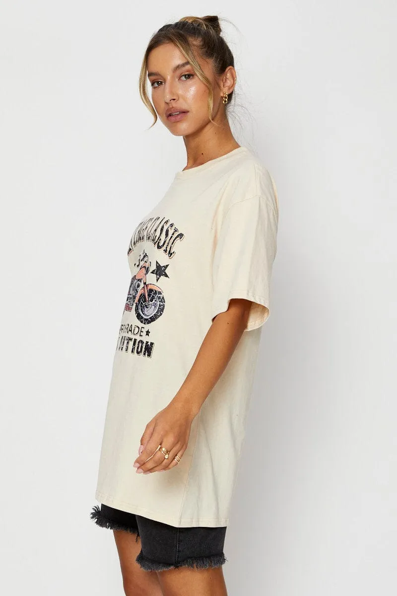 Durable Style hypoallergenic material Beige Graphic T-Shirt Short Sleeve Oversized