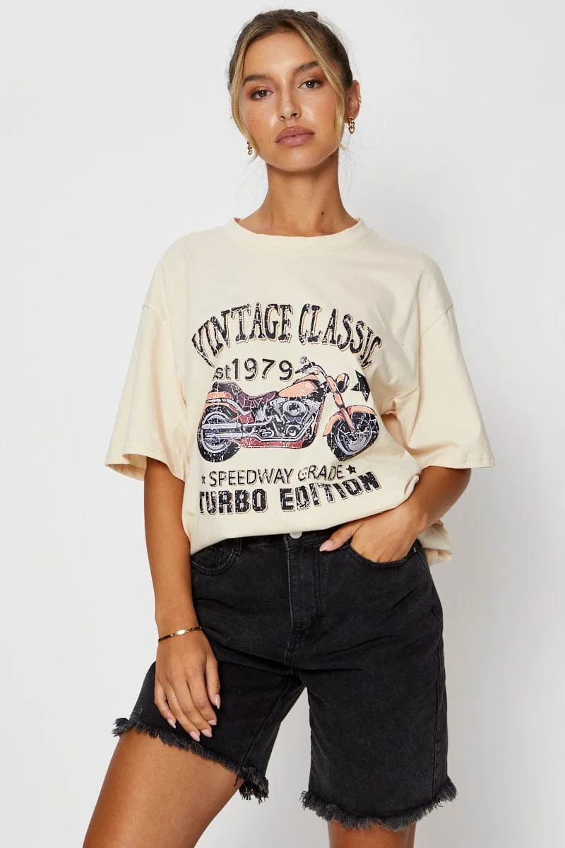 Beige Graphic T-Shirt Short Sleeve Oversized Anti microbial coating
