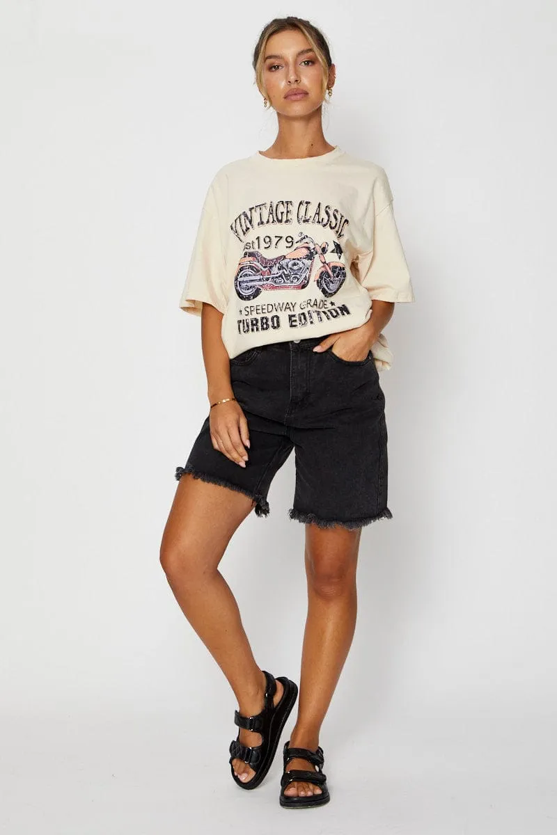 Beige Graphic T-Shirt Short Sleeve Oversized Fresh Vibes Weekend Comfort Style